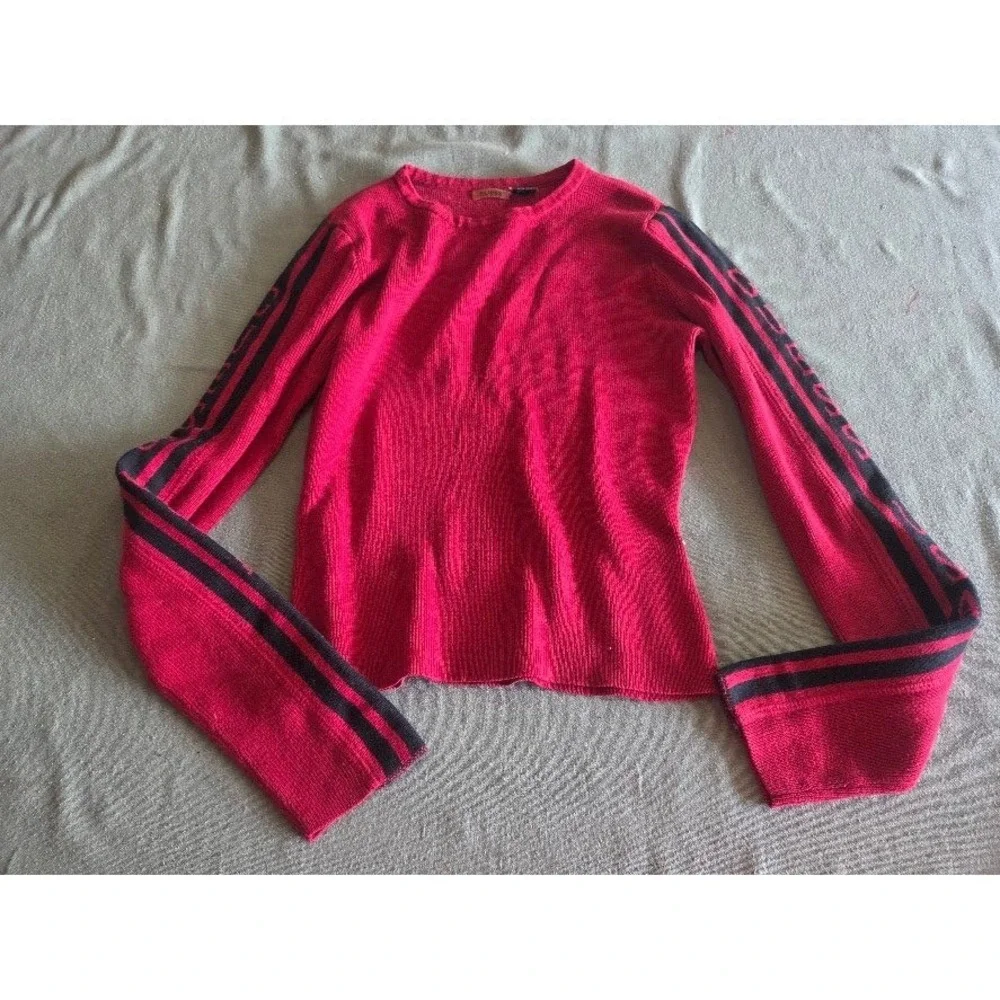 Guess Jeans Vintage Red Ribbed Knit Long Sleeve Sweater Top Logo Stripe Small